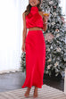 Mixiedress Turtleneck Sleeveless Crop Top High Waist Maxi Skirt Satin Set