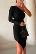 Mixiedress One Shoulder Slit Knee Length Ribbed Knit Bodycon Dress