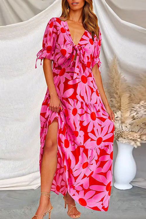 Mixiedress Floral Printed V Neck Tie Knot Front Tiered Swing Maxi Dress