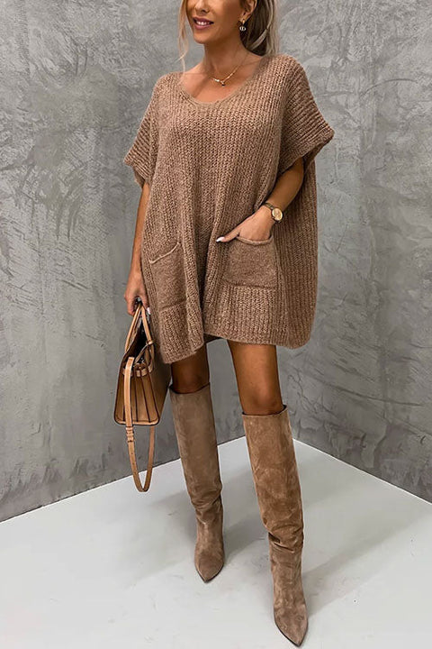 Mixiedress Oversized V Neck Short Sleeves Pocketed Poncho Sweater