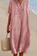 Mixiedress V Neck Short Sleeve Baggy Cotton Linen Midi Dress