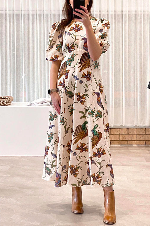 Mixiedress Puff Sleeves High Waist Unique Printed Maxi Swing Dress