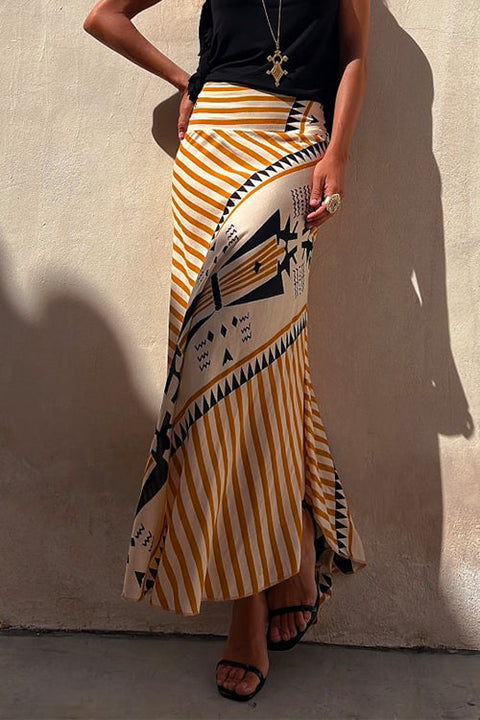 Mixiedress High Waist Stripes Splice Printed Maxi Irregular Skirt