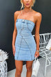 Mixiedress Tube Top Distressed Bodycon Denim Mini Dress