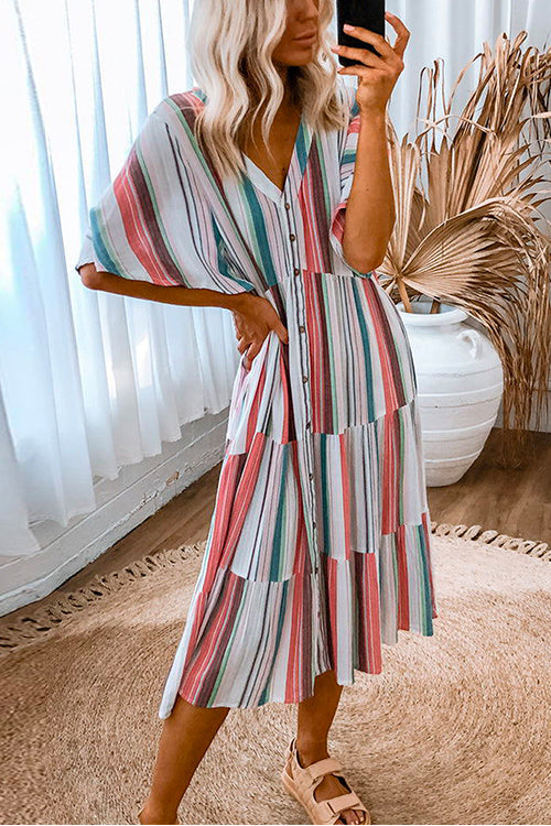 Mixiedress V Neck Button Down Tiered Striped Midi Dress