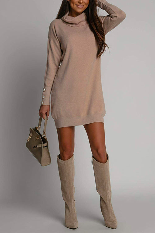 Turtleneck Buttons Solid Casual Sweater Dress