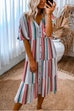 Mixiedress V Neck Button Down Tiered Striped Midi Dress