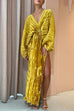 V Neck Batwing Sleeves Side Split Pleated Maxi Dress