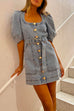Puff Sleeves Pocketed Button Down Belted Denim Mini Dress
