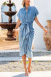 Mixiedress Button Down Short Sleeve Tie Waist Ruched Denim Dress