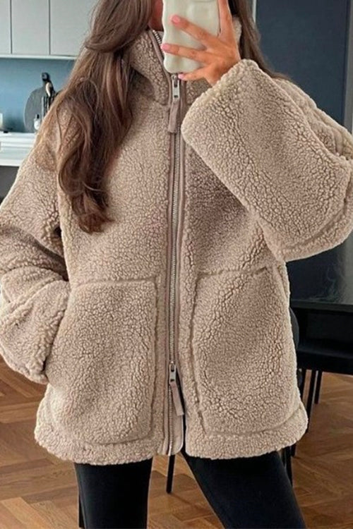 Mixiedress Turtleneck Zipper Up  Pocketed Fuzzy Fleece Coat