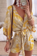 Mixiedress V Neck Leaf Print Wrapped Batwing Romper