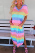Mixiedress Curve Hem Side Split Rainbow Stripes Midi Dress