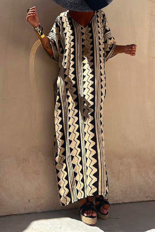 V Neck Ethnic Geometric Printed Shift Maxi Dress