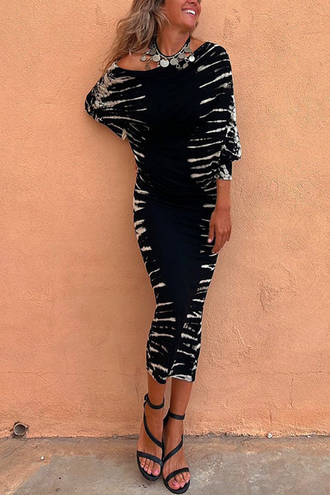 Mixiedress Cold Shoulder Batwing Sleeve Waisted Tie Dye Dress