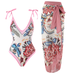 Mixiedress Floral Print V Neck Tie Shoulder One-piece Swimwear and Wrap Cover Up Skirt Set