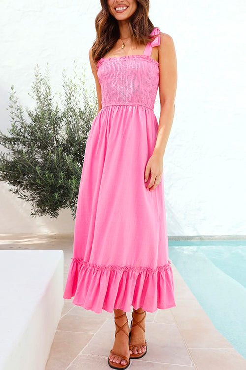 Mixiedress Wide Straps Bow Shoulder Smocked Ruffle Maxi Dress