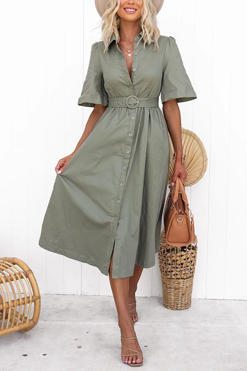 Short Sleeves Button Up Belted Midi Shirt Dress