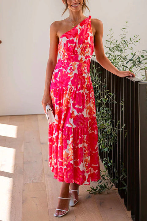 Mixiedress One Shoulder Sleeveless Floral Print Maxi Holiday Dress