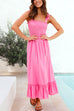 Mixiedress Wide Straps Bow Shoulder Smocked Ruffle Maxi Dress