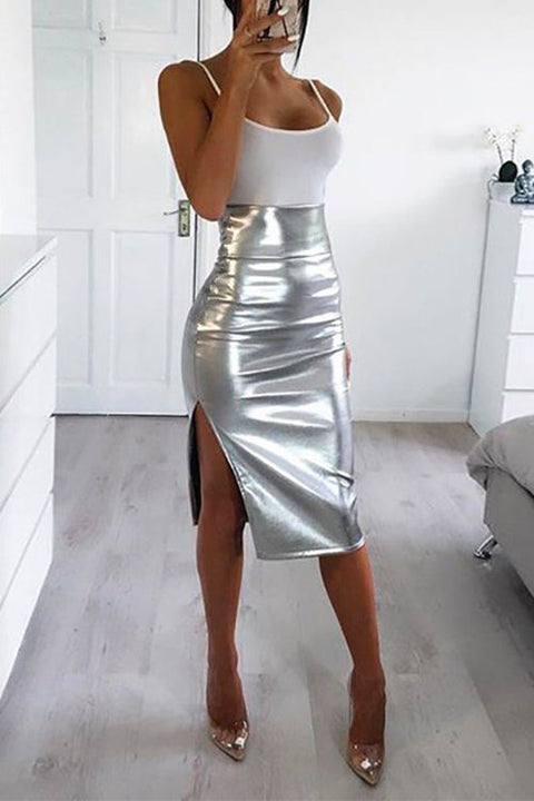 Mixiedress High Waist Side Split Faux Leather Midi Skirt