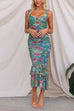 Mixiedress Mesh Overlay Ruched Floral Bodycon Midi Cami Dress