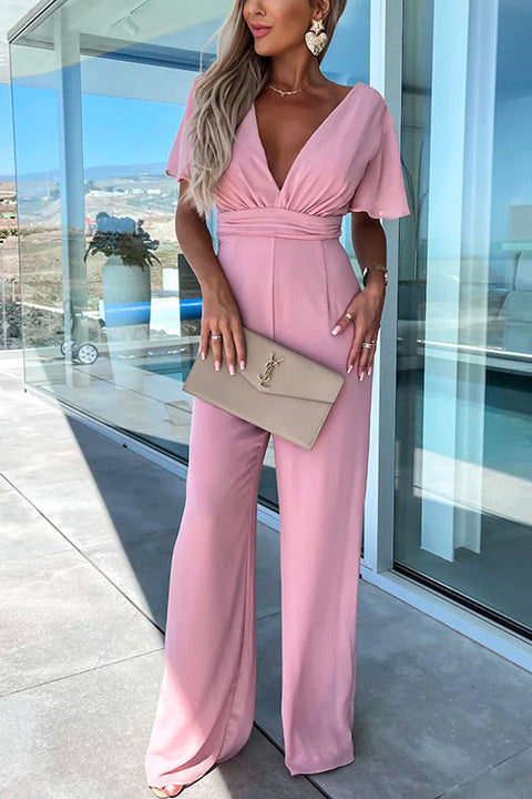 Mixiedress Deep V Neck Ruffle Sleeve High Waist Wide Leg Jumpsuit