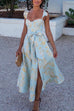 Mixiedress Ruffled Shoulder Bow Knot Waist Slit Printed Vintage Party Dress