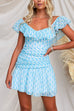 Ruffle Trim Ruched Geometric Printed Mini Dress