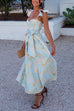 Mixiedress Ruffled Shoulder Bow Knot Waist Slit Printed Vintage Party Dress