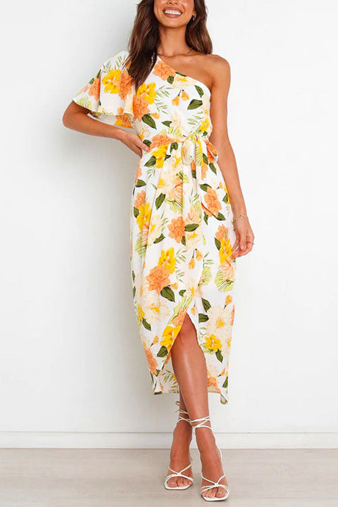 Mixiedress One Shoulder Flare Sleeve Knot Waist Irregular Floral Dress