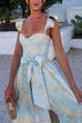 Mixiedress Ruffled Shoulder Bow Knot Waist Slit Printed Vintage Party Dress