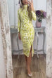 Chic Mockneck Ruched Slit Printed Midi Bodycon Dress