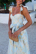 Mixiedress Ruffled Shoulder Bow Knot Waist Slit Printed Vintage Party Dress
