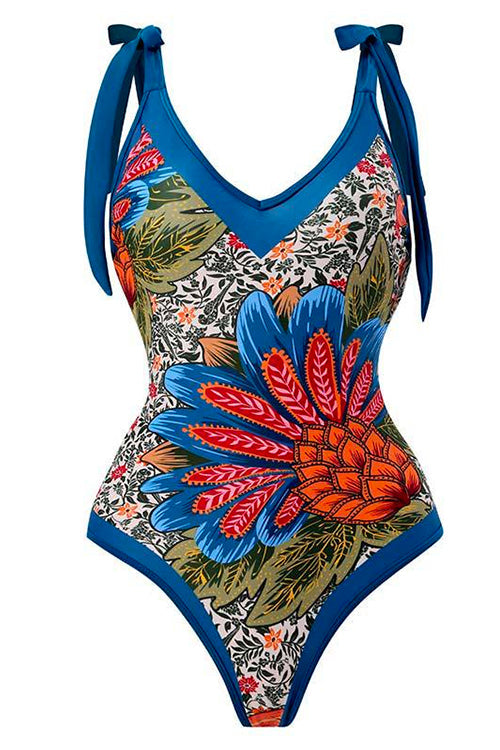 Mixiedress V Neck Bow Shoulder One-piece Swimwear and Wrap Cover Up Skirt Printed Set