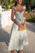 Mixiedress Ruffled Shoulder Bow Knot Waist Slit Printed Vintage Party Dress