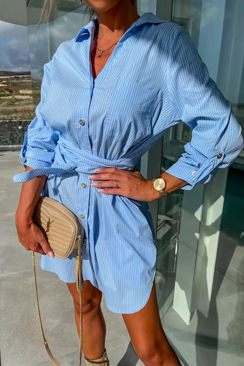 Mixiedress Rolled Up Long Sleeve Knot Waist Mini Shirt Dress