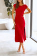 Mixiedress Short Sleeve Twist Backless Slit Satin Dress