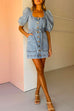 Puff Sleeves Pocketed Button Down Belted Denim Mini Dress