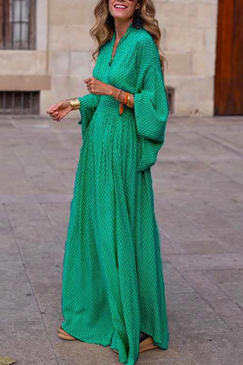 Mixiedress V Neck Flare Sleeves High Waist Printed Maxi Swing Dress