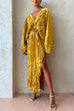 V Neck Batwing Sleeves Side Split Pleated Maxi Dress