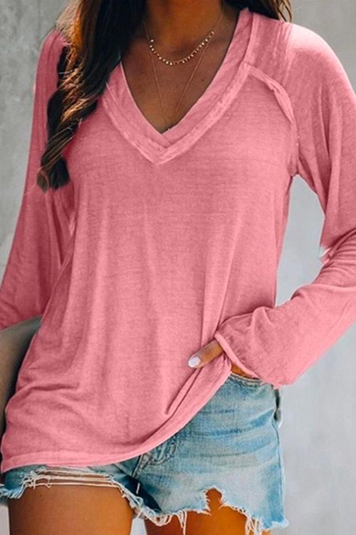 Mixiedress Solid V Neck Long Sleeve Plain Shirt