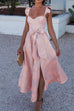Mixiedress Ruffled Shoulder Bow Knot Waist Slit Printed Vintage Party Dress