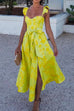 Mixiedress Ruffled Shoulder Bow Knot Waist Slit Printed Vintage Party Dress