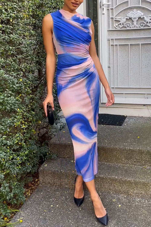 Mixiedress Sleeveless Ruched Unique Tie Dye Bodycon Dress