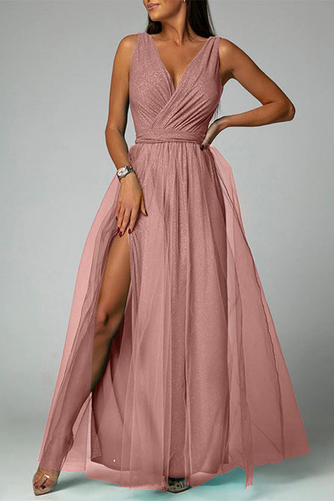 Mixiedress Sleeveless V Neck High Waist Slit Maxi Glitter Party Dress