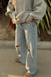 Mixiedress Raw Hem Straight Leg Ripped Denim Pants