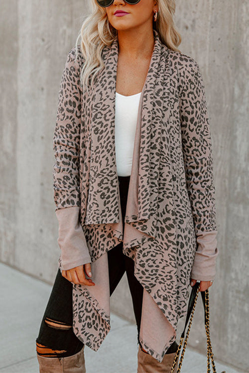 Mixiedress Drape Open Front Irregular Leopard Cardigan