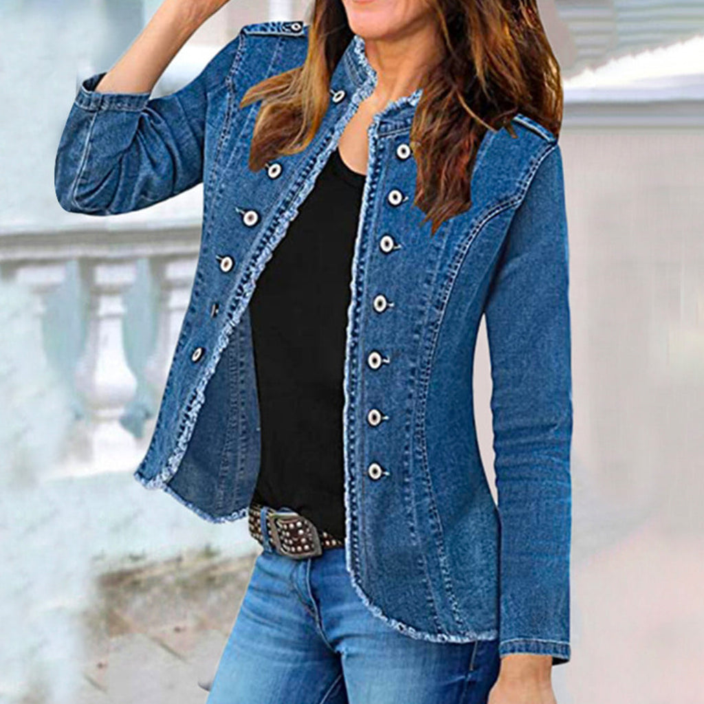 Mixiedress Stand Collar Double Breasted Raw Hem Denim Jacket