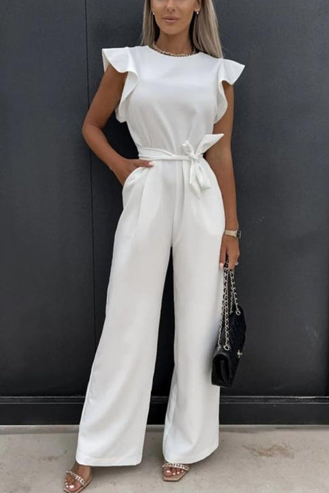 Mixiedress Crewneck Ruffle Short Sleeve Tie Waist Jumpsuit